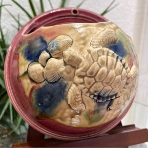 🐢Signed🐢 Gandee Drip Glazed Pottery Beach Seashells And Turtle Wall Pocket
